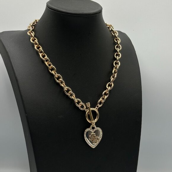 Guess Necklace Rose Gold Heart Pendant Rhinestone Logo Toggle Chain Y2K 20" - Picture 3 of 9